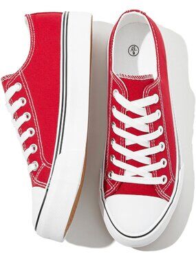 Women's Red Breathable Soft Slip Black Tennis Shoes White Canvas Sneakers